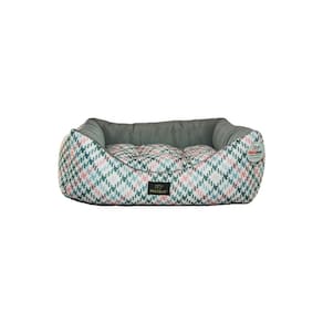 Cama para Cachorro Quadrada em Poliéster Pied de Poule Cinza e Rosa Média (M) 45 x 45 cm