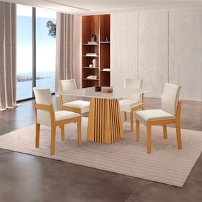 Conjunto de Jantar Mesa Áustria 0,90cm X 0,90cm Tampo Mdf/vidro com 4 Cadeiras Mônaco Yescasa Castanho Cinamomo/Creme/Off White