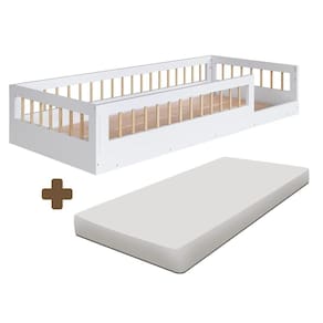 Cama Montessori Infantil Solteiro Com Grade De Proteção 84 X 195 Cm Com Colchão Branco Suki Jm M