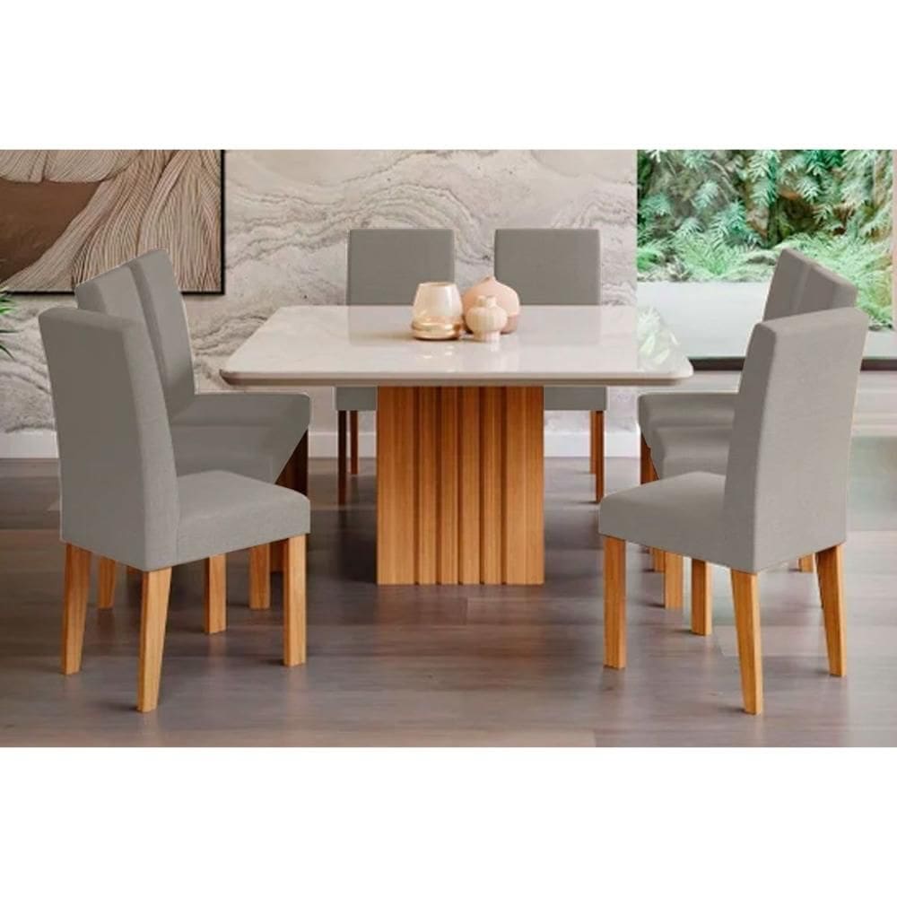 Sala de Jantar Completa Ana c/ Tampo Madeirado c/ Vidro 130x130cm e 8 Cadeiras Maia Cinamomo/Suede Gengibre Bege - Cimol