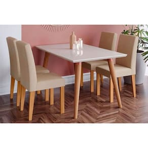 Sala de Jantar Completa Adele Madeira Maciça c/ Tampo Madeirado c/ Vidro 130x80cm e 4 Cadeiras Maia Cinamomo/Suede Gengibre Bege - Cimol