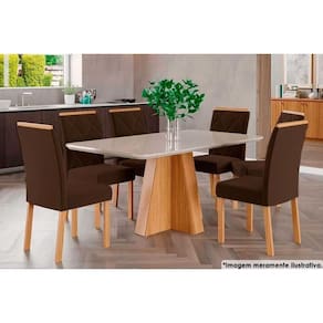 Sala de Jantar Completa Maite c/ Tampo Madeirado c/ Vidro Canto Curvo 130x80cm e 6 Cadeiras Maia Nature/Suede Mascavo Chocolate - Cimol