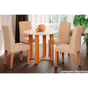 Sala de Jantar Completa Flora c/ Tampo Madeirado 93cm e 4 Cadeiras Maia Cinamomo/Suede Gengibre Bege - Cimol