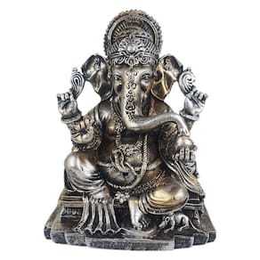 Ganesha De Resina Media Na Base Cor Dourado Com Prata