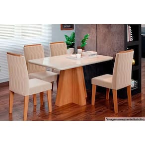 Sala de Jantar Completa Maite c/ Tampo Madeirado c/ Vidro Canto Curvo 130x80cm e 4 Cadeiras Paola Savana-Nature-Madeirado/Suede Nude Bege - Cimol