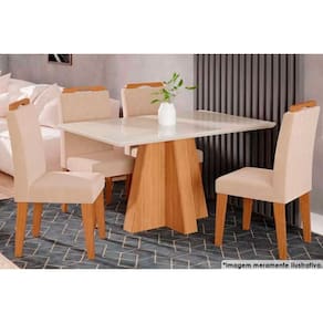 Sala de Jantar Completa Patricia c/ Tampo Madeirado c/ Vidro Canto Reto 130x80cm e 4 Cadeiras Paola Savana-Nature-Madeirado/Suede Nude Bege - Cimol