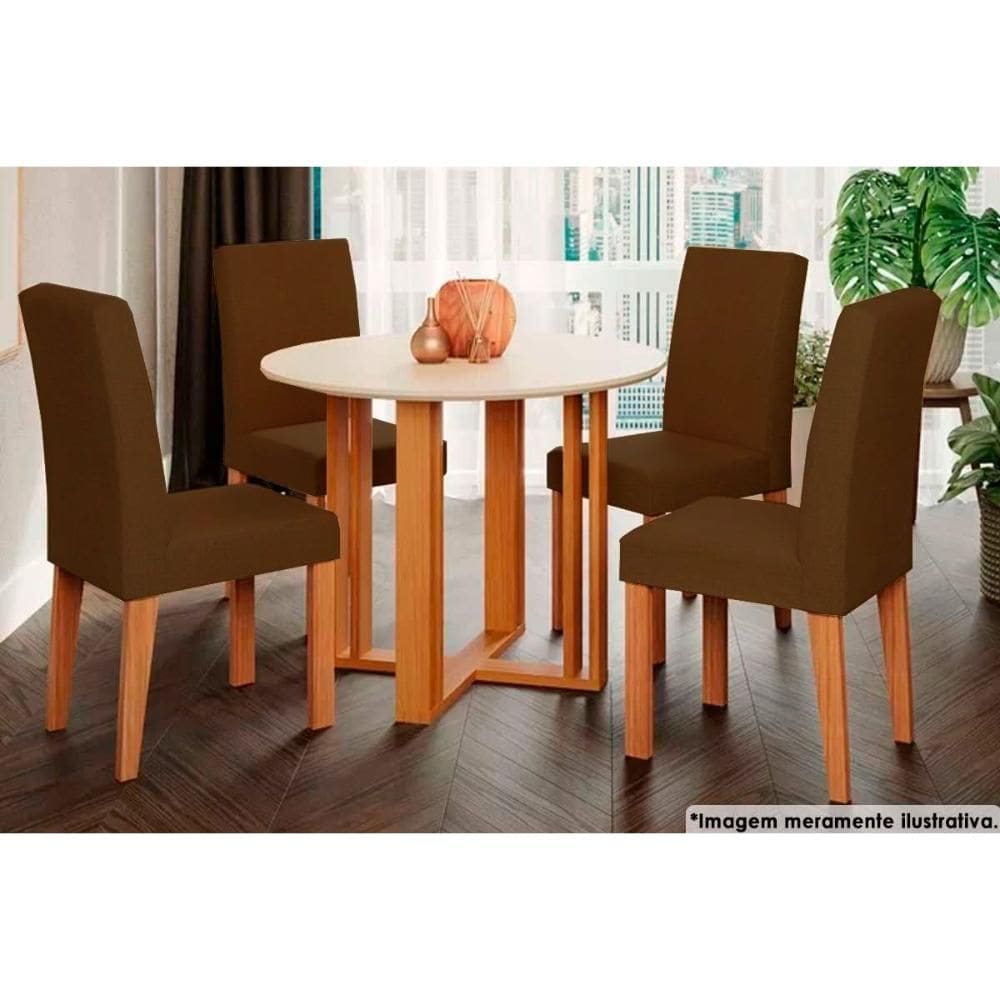 Sala de Jantar Completa Flora c/ Tampo Madeirado 93cm e 4 Cadeiras Maia Nature/Suede Mascavo Chocolate - Cimol