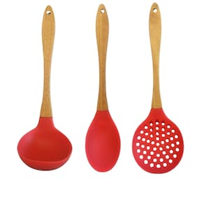 Kit Utensilios de Silicone com Cabo de Madeira - Resistente Altas Temperaturas Talheres Escumadeira Concha Colher PANAMI
