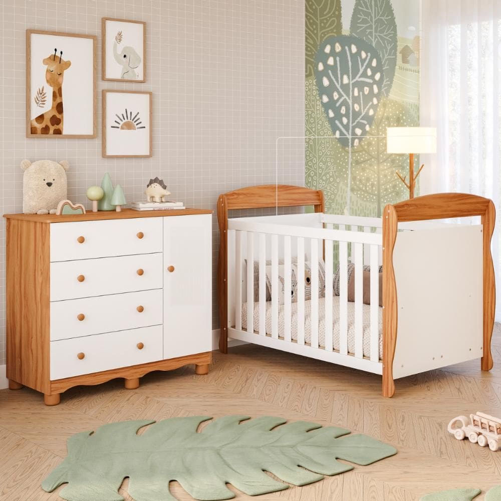 Quarto de Bebê Completo Berço Americano Marquesa 3 em 1 Cômoda 1 Porta 4 Gavetas Junior 100% MDF