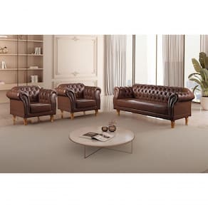 Conjunto Sofá Chesterfield 3 Lugares + 2 Poltronas couro Ecológico Marrom 301