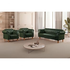 Conjunto Sofá Chesterfield 3 Lugares + 2 Poltronas couro Ecológico Verde 303