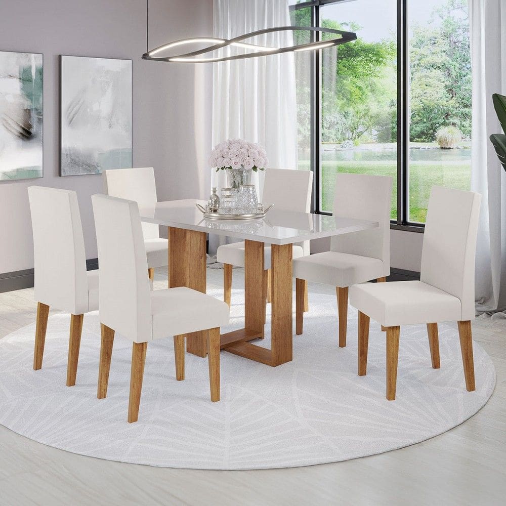 Mesa de Jantar 6 Lugares Aspen com Vidro Marrom/Off White/Marfim - Viero Móveis