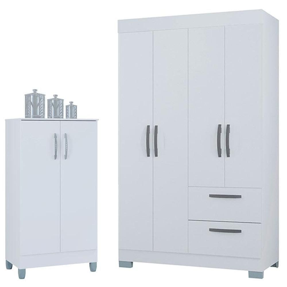 Guarda Roupa Solteiro Tóquio 4 Portas com Armário Multiuso 2 Portas Pequeno Branco Brilho - Poquema