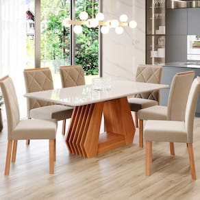 Sala de Jantar Agata 180 Cm com 6 Cadeiras Fernanda Wood Off/Mad/Joli