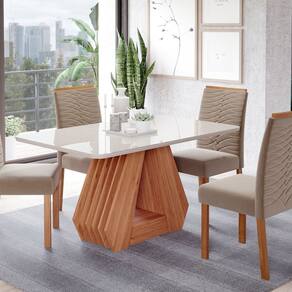 Sala de Jantar Agata 130 Cm com 4 Cadeiras Clarice Wood Cinamomo/Off/Madeira/Joli