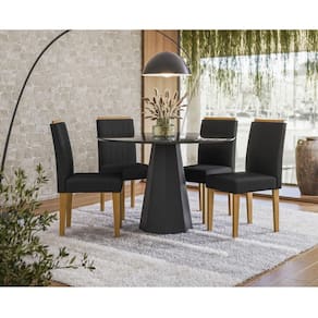 Mesa de jantar Isis 120x120 cm com Vidro Preto e 4 Cadeiras Ana Ype Veludo Preto - New Ceval