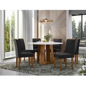 Mesa de jantar Ambiente 135x135 cm com Tampo Giratório Isabela com Vidro Ype Off White e 6 Cadeiras Amanda Ype Veludo Preto - New Ceval