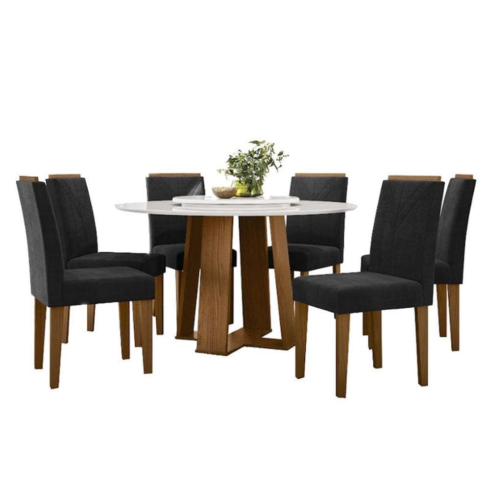 Mesa de jantar 135x135 cm com Tampo Giratório Isabela com Vidro Ype Off White e 6 Cadeiras Amanda Ype Veludo Preto - New Ceval