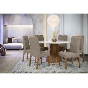 Mesa de jantar Ambiente Isis 135x135 cm com Vidro Ype Off White e 6 Cadeiras Mariana Camurça Marrom - New Ceval