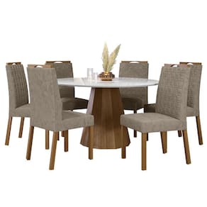 Mesa de jantar Isis 135x135 cm com Vidro Ype Off White e 6 Cadeiras Mariana Camurça Marrom - New Ceval