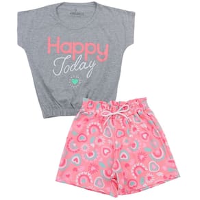 Conjunto Cropped Cinza com Silk Glitter e Short Rosa Sublimado