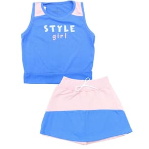 Conjunto Azul e Rosa: Regata e Short Saia em Ribana Canelada