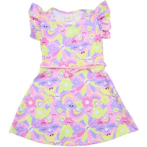 Vestido Sublimado Estampado Rosa com Cinto Infantil Verão