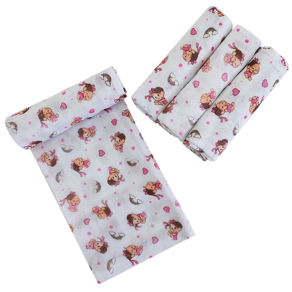 Fralda de Pano Bebe Menina com Bainha Turma da Monica Estampada Antialergica Macia Enxoval Rosa 5 Unidades Reutilizavel 67x70cm