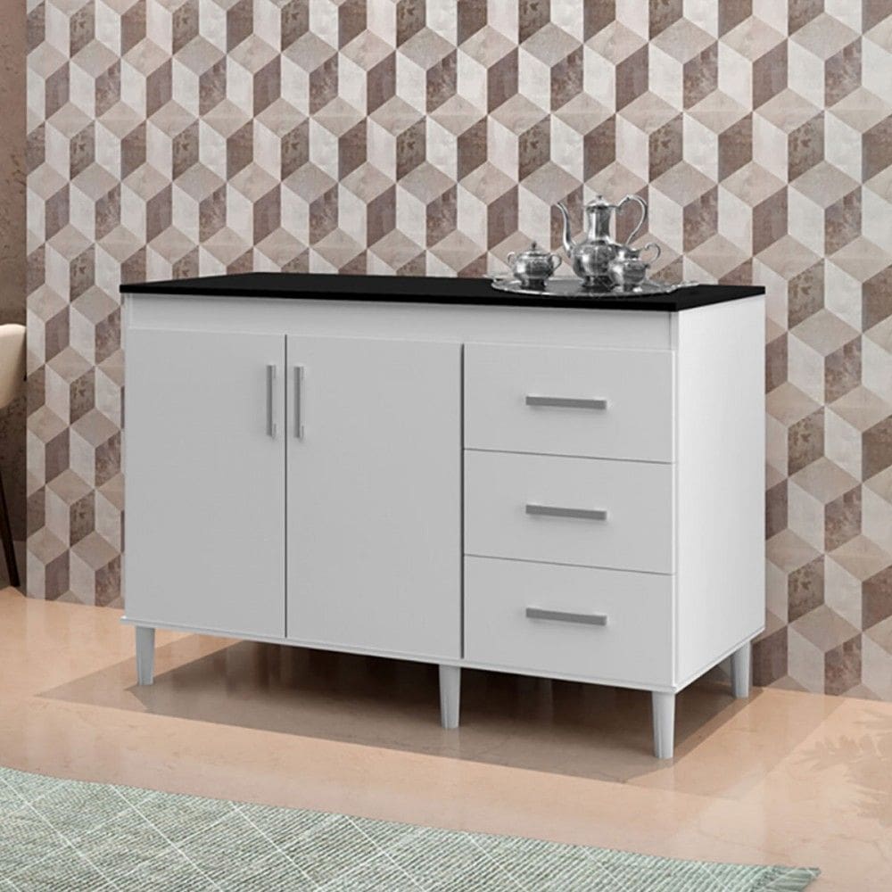 Balcão de Cozinha Canadense 2 Portas 3 Gavetas Branco/Preto - J&a Móveis