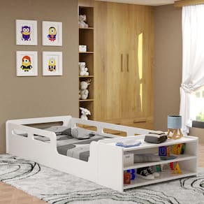 Cama Infantil Montessoriana Solteiro Com Proteção Lateral e Nicho Branco