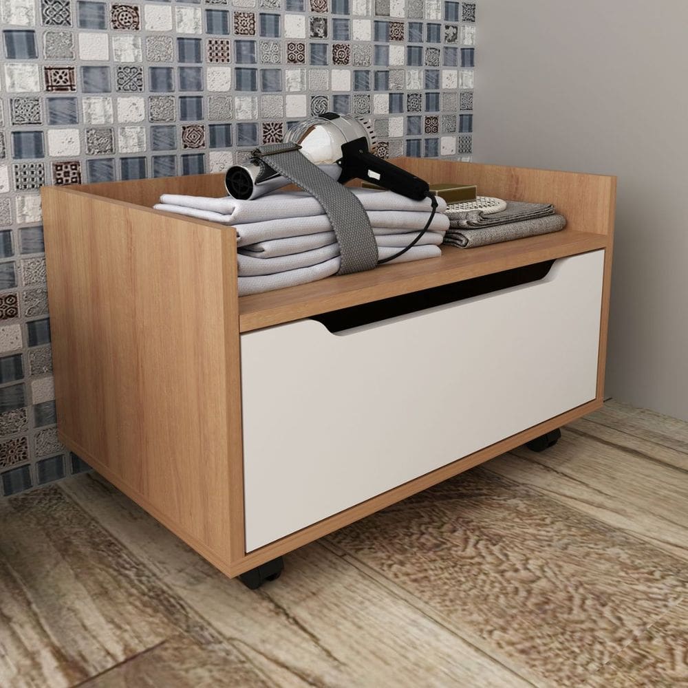 Balcão 1 Gaveta com Rodízios para Banheiro 60x37cm Amêndoa Branco Tecno Mobili
