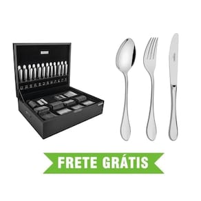 Faqueiro Italy 130 Peças em Aço Inox com Facas de Mesa Forjadas Acabamento Alto Brilho com Estojo de Madeira Tramontina 66932/227