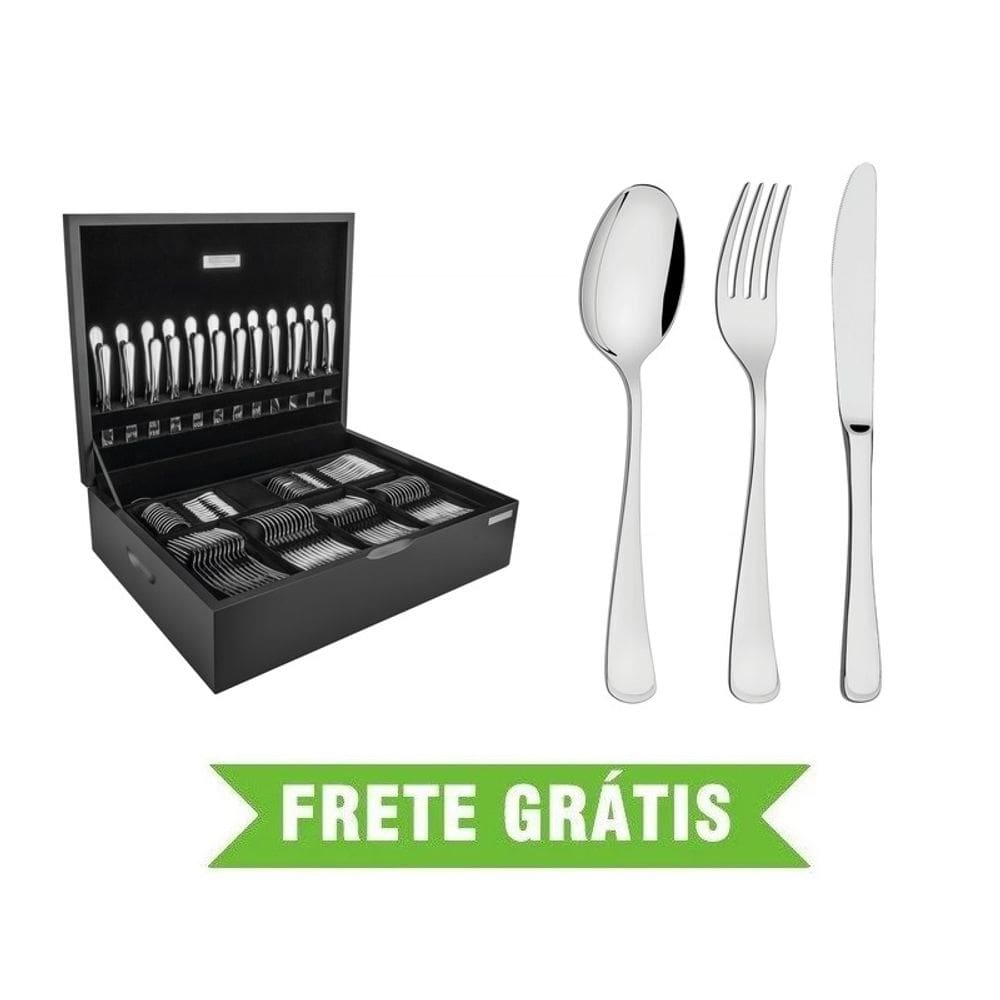 Faqueiro Mônaco 130 Peças em Aço Inox com Facas de Mesa Forjadas Acabamento Alto Brilho com Estojo de Madeira Tramontina 66917/227