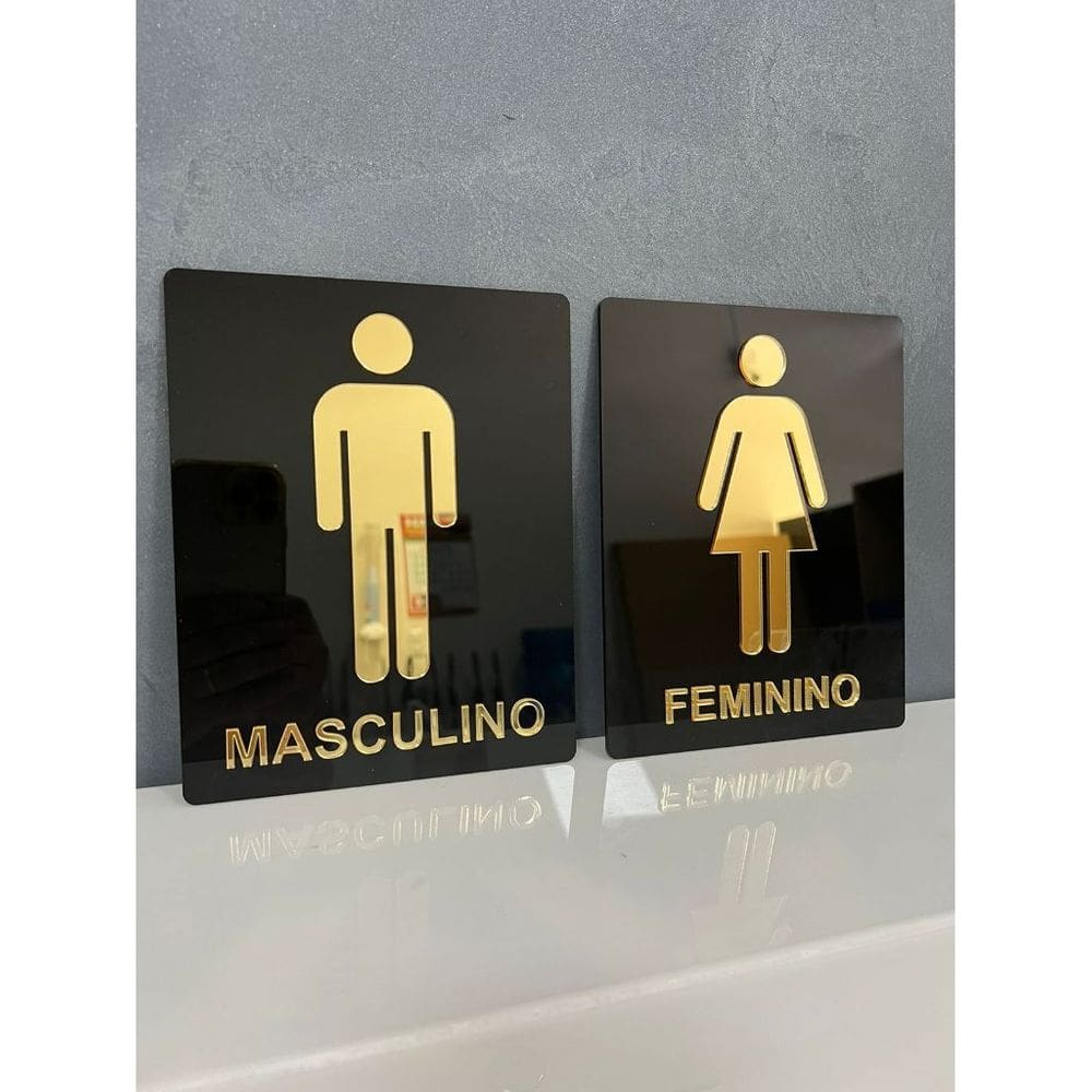 kit 2 Placas Acrílico Espelhado Para Porta Banheiro Feminino e Masculino