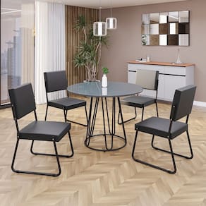 Conjunto Sala de Jantar Mesa Redonda 100cm Base Omega Tampo MDF Laca com Vidro Napoli Preto