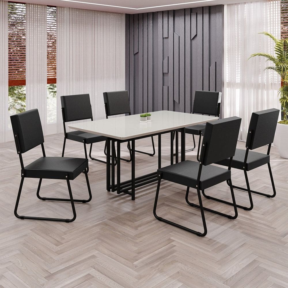 Conjunto Sala de Jantar Mesa 160x90cm Base Pérola Tampo MDF Laca com Vidro Napoli Preto