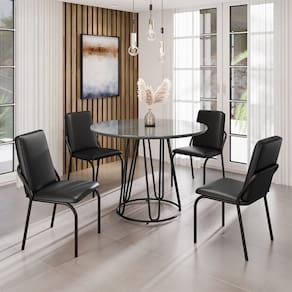 Conjunto Sala de Jantar Mesa Redonda 100cm Base Omega Tampo MDF Laca com Vidro Malibu Preto