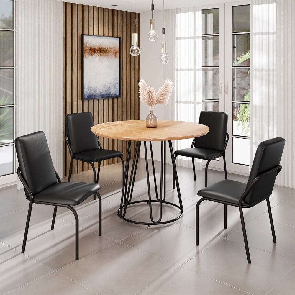 Conjunto Sala de Jantar Mesa Redonda 100cm Base Omega Tampo MDF Malibu Preto