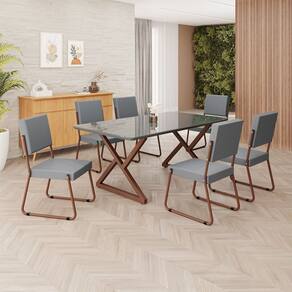 Conjunto Sala de Jantar Mesa 160x90cm Base Império Tampo MDF Laca com Vidro Napoli Grafite / Marrom