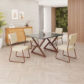 Conjunto Sala de Jantar Mesa 120x90cm Base Império Tampo MDF Laca com Vidro Napoli Creme / Marrom