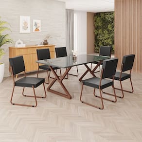 Conjunto Sala de Jantar Mesa 160x90cm Base Império Tampo MDF Laca com Vidro Napoli Preto / Marrom