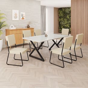 Conjunto Sala de Jantar Mesa 160x90cm Base Império Tampo MDF Laca com Vidro Napoli Creme / Preto