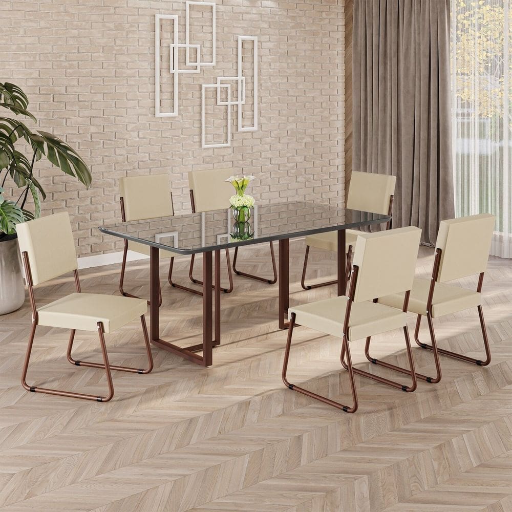 Conjunto Sala de Jantar Mesa 160x90cm Base Lunna Tampo MDF Laca com Vidro Napoli Creme / Marrom