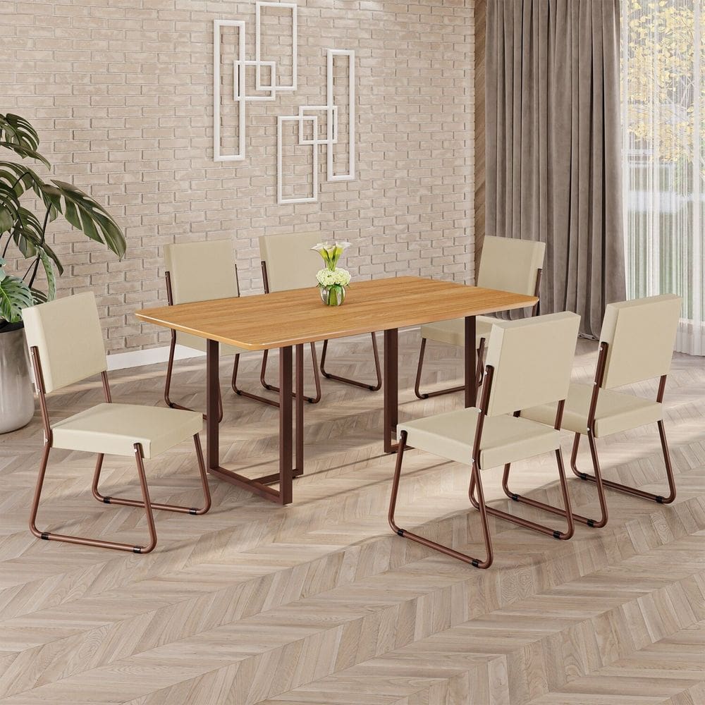 Conjunto Sala de Jantar Mesa 160x90cm Base Lunna Tampo MDF Napoli Creme / Marrom