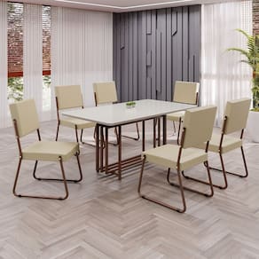 Conjunto Sala de Jantar Mesa 160x90cm Base Pérola Tampo MDF Laca com Vidro Napoli Creme / Marrom