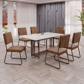 Conjunto Sala de Jantar Mesa 160x90cm Base Pérola Tampo MDF Laca com Vidro Napoli Marrom