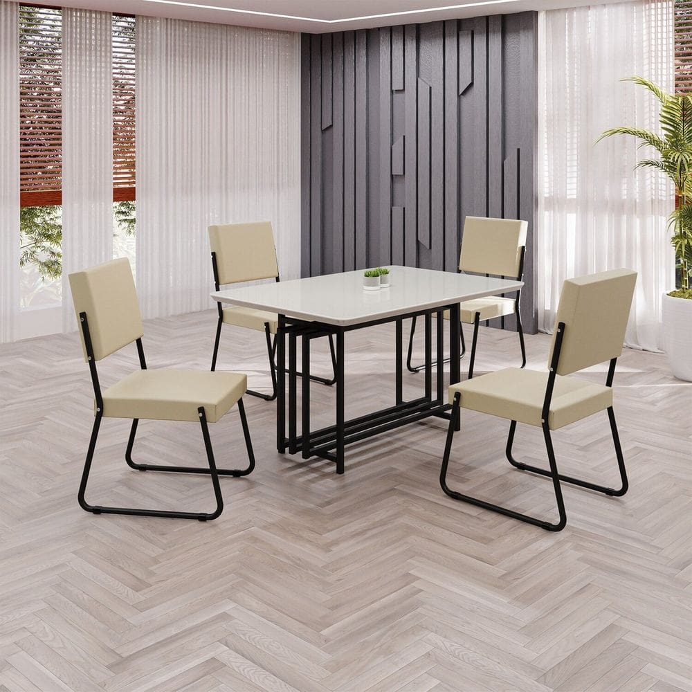 Conjunto Sala de Jantar Mesa 120x90cm Base Pérola Tampo MDF Laca com Vidro Napoli Creme / Preto