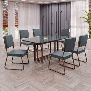 Conjunto Sala de Jantar Mesa 160x90cm Base Pérola Tampo MDF Laca com Vidro Napoli Grafite / Marrom