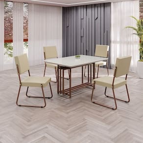 Conjunto Sala de Jantar Mesa 120x90cm Base Pérola Tampo MDF Laca com Vidro Napoli Creme / Marrom
