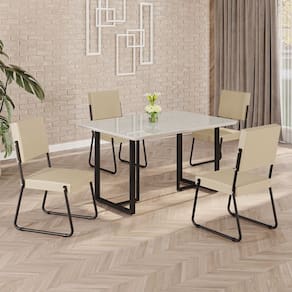Conjunto Sala de Jantar Mesa 120x90cm Base Lunna Tampo MDF Laca com Vidro Napoli Creme/Preto